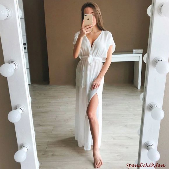 Flowy Boho Front Slit White Beach Swim Coverup - Picture 2 of 7